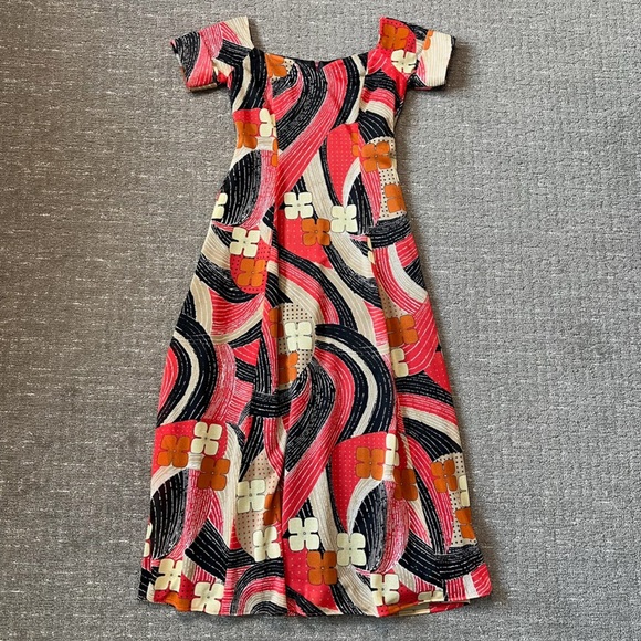 Vintage 60’s / 70’s Maxi Off the Shoulder Abstract Print Dress Gown Size 2/4 - Picture 1 of 5